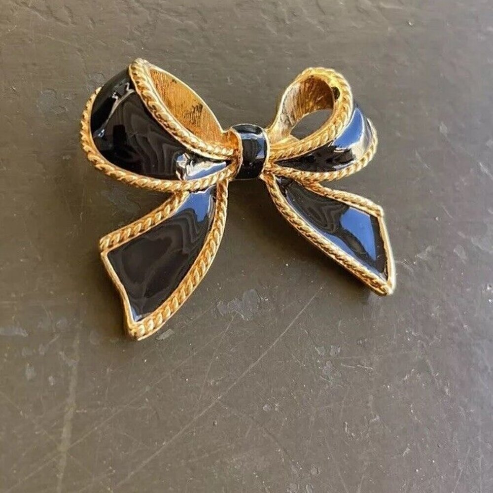 Black Enamel Bow Set Vintage KJL for Avon Kenneth Lane Gold Black Brooch Pin